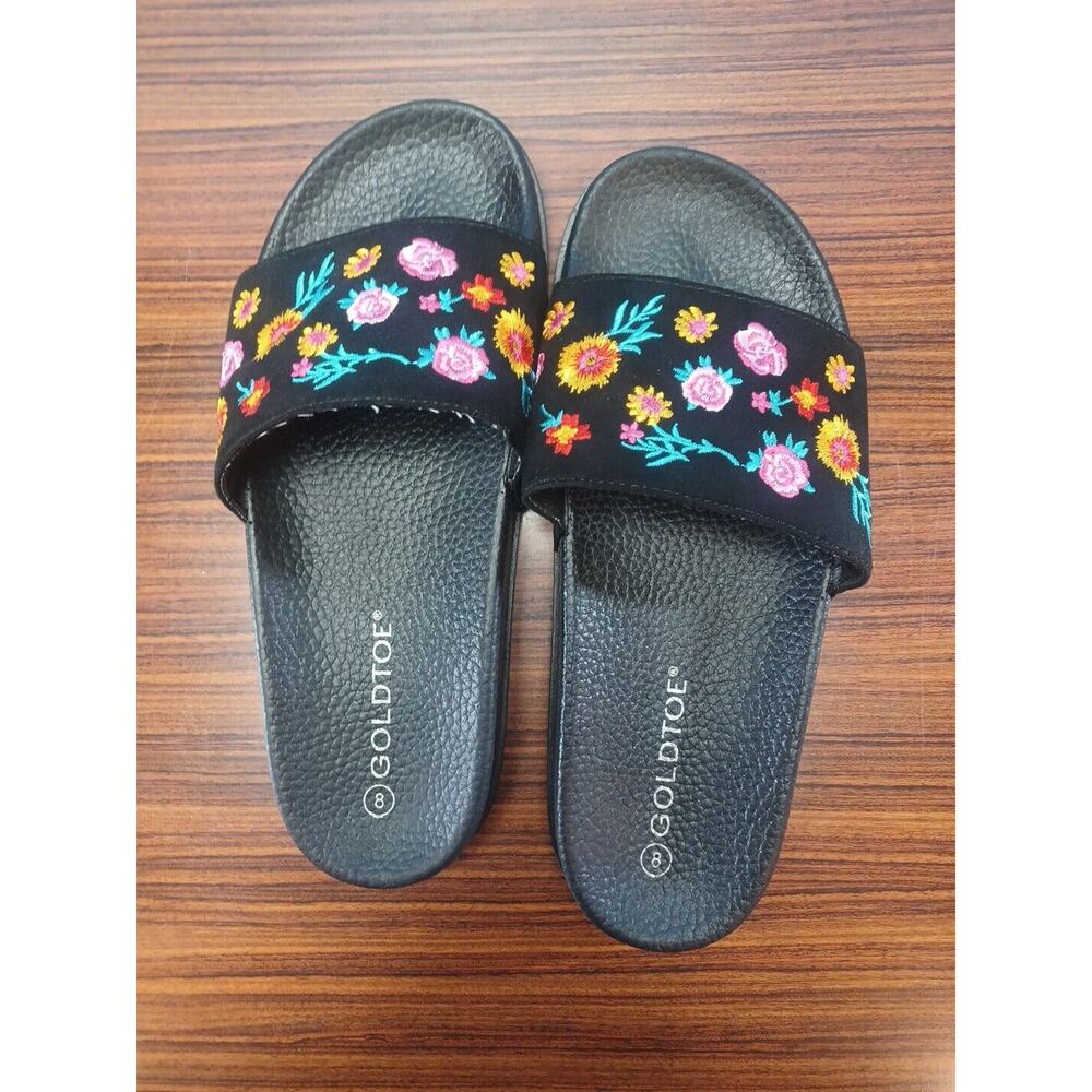 GOLDTOE Womens Slip On Slides Sandal Flowers Colorful Velvet Feel Size 8
